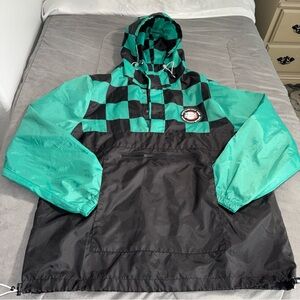 Box Lunch Demon Slayer Anime Teal & Black Checker Anorak windbreaker Jacket xl